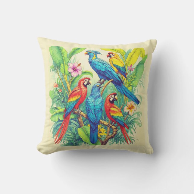 Coussin Illustration botanique d'oiseaux tropicaux (Recto)