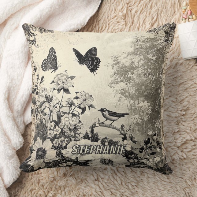 Coussin Illustration botanique sépia Oiseaux Papillons Vin (Couverture)