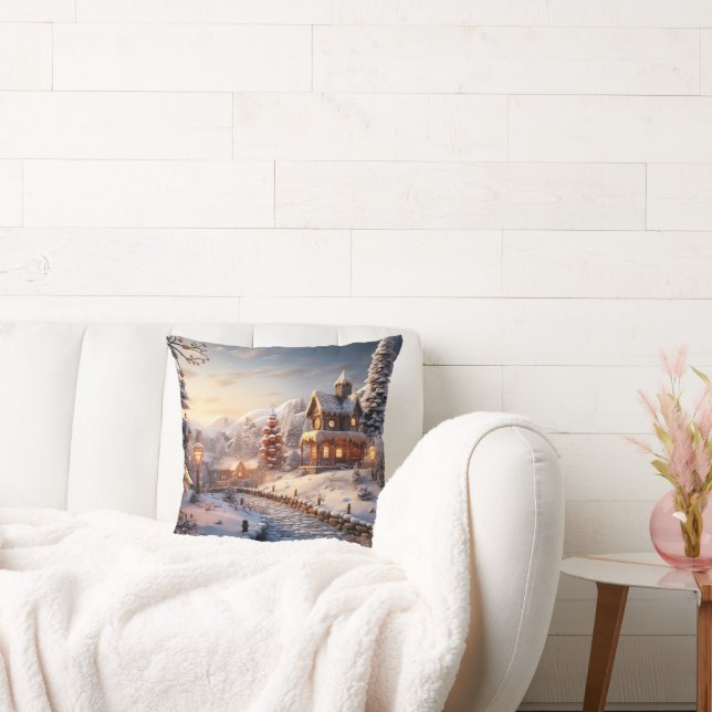 Coussin Illustration Cosy Village à Noël (Canapé)