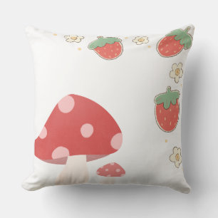 Coussin Illustration Cottagecore Mignonne Fraise et Champi