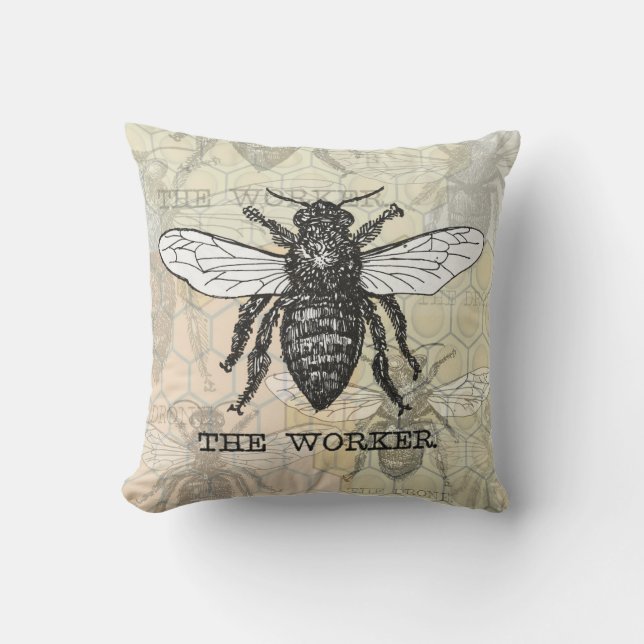 Coussin Illustration d'abeille ouvrière vintage (Recto)