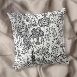 Coussin Illustration d'arbres en noir et blanc, art dessin