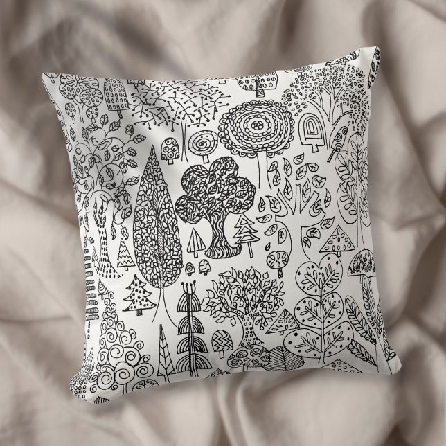 Coussin Illustration d'arbres en noir et blanc, art dessin (Créateur téléchargé)