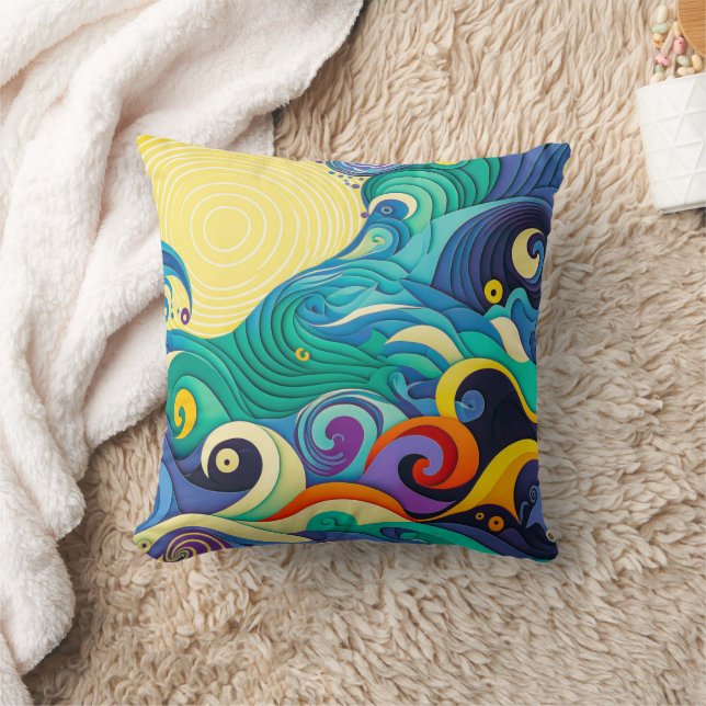 Coussin Illustration d'art en ligne de vagues de soleil co (Couverture)