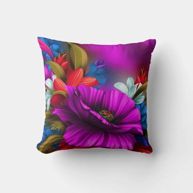 Coussin Illustration d'art numérique florale néon vibrante (Recto)