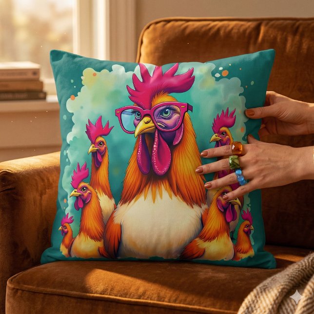 Coussin Illustration d'art pop rétro d'un coq hipster drôl (Funny Hipster Rooster Retro Pop Art Illustration Throw Pillow Mockup D)