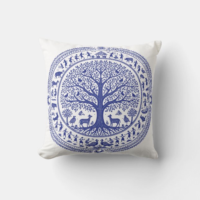 Coussin Illustration d'art tribal indien Warli | Minimalis (Recto)