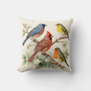 Coussin Illustration de branche fleurie avec oiseaux chant