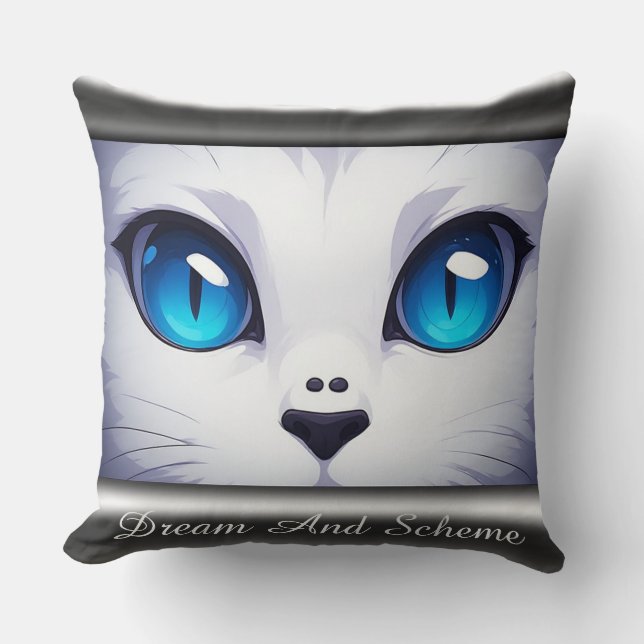Coussin Illustration de chat blanc aux yeux bleus vifs (Recto)