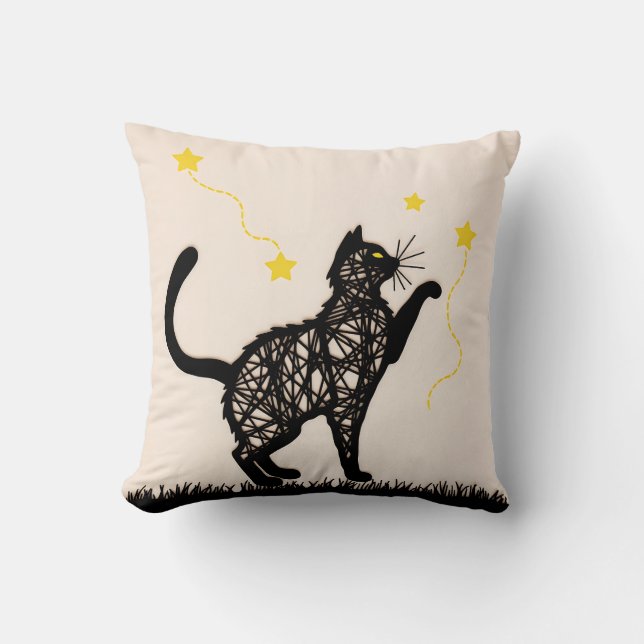 Coussin Illustration de chat noir étoiles ludiques (Recto)