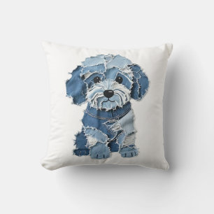 Coussin Illustration de chien en patchwork de denim mignon