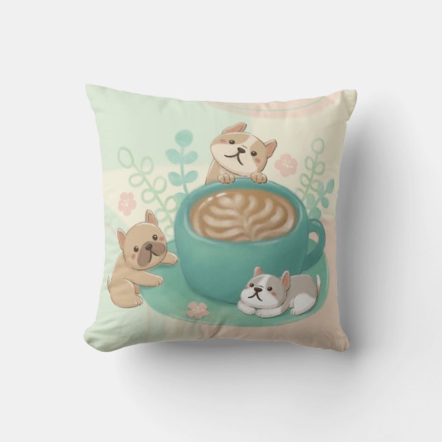 Coussin Illustration de chiens et de cafés mignons (Recto)