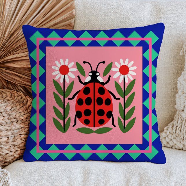 Coussin Illustration de coccinelle, dessin floral de bug r (Créateur téléchargé)