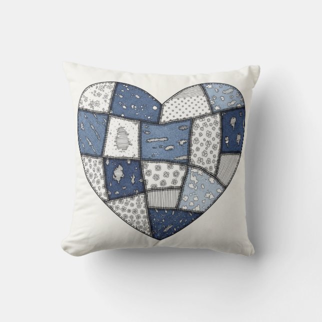 Coussin Illustration de cœur en patchwork de denim bleu ru (Recto)