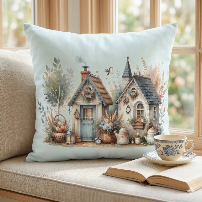 Coussin Illustration de Cottages Haven Floral Homes (Cottage Haven Floral Homes Illustration Throw Pillow In Window Seat)