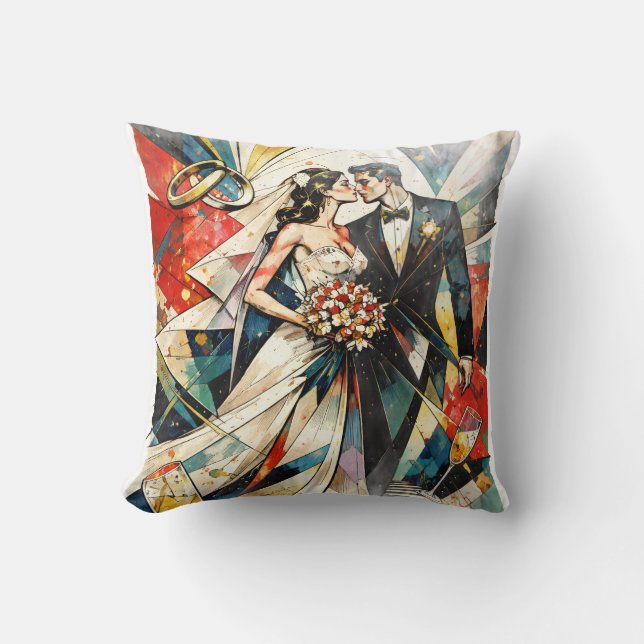 Coussin Illustration de couple de mariage Art déco moderne (Recto)