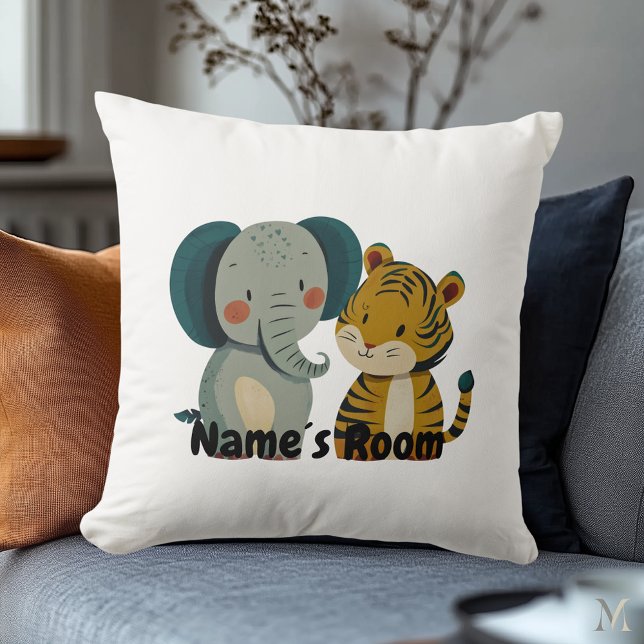 Coussin Illustration de crèche éléphant et tigre mignons (Créateur téléchargé)