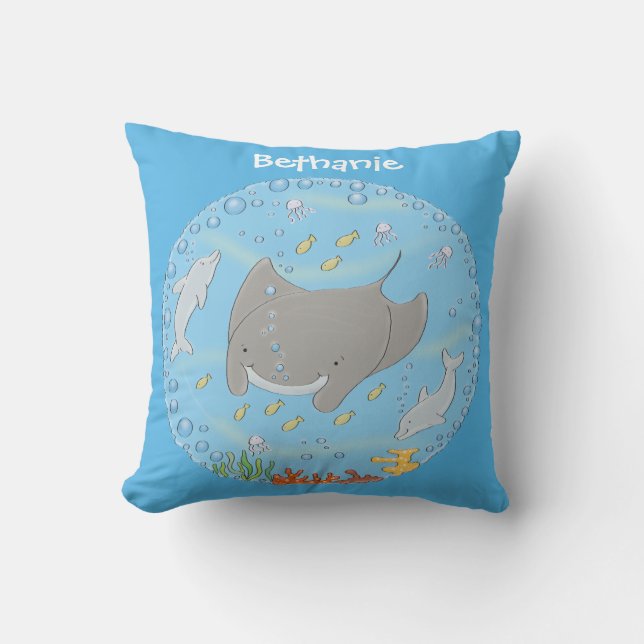 Coussin Illustration de dessin animé de raie manta mignonn (Recto)