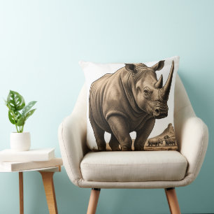 Coussin Illustration de faune africaine Rhinocéros Vintage