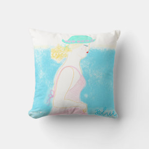 Coussin Illustration de fille de mode de plage bleue sur u