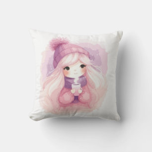 Coussin Illustration de fille d'hiver mignonne et conforta