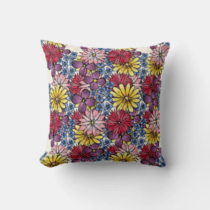 Coussin Illustration de Fleur sauvage rouge bleu rose Lila