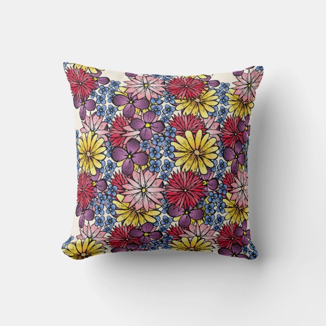 Coussin Illustration de Fleur sauvage rouge bleu rose Lila (Recto)