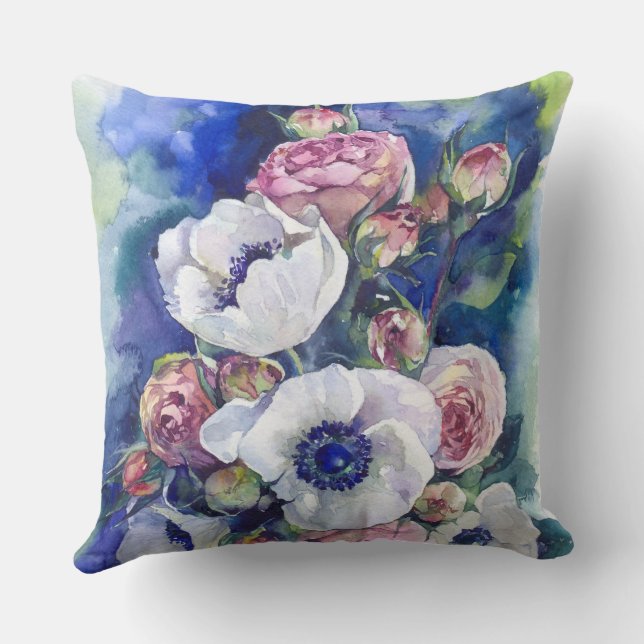 Coussin Illustration de fleurs à l'aquarelle anémones rose (Verso)