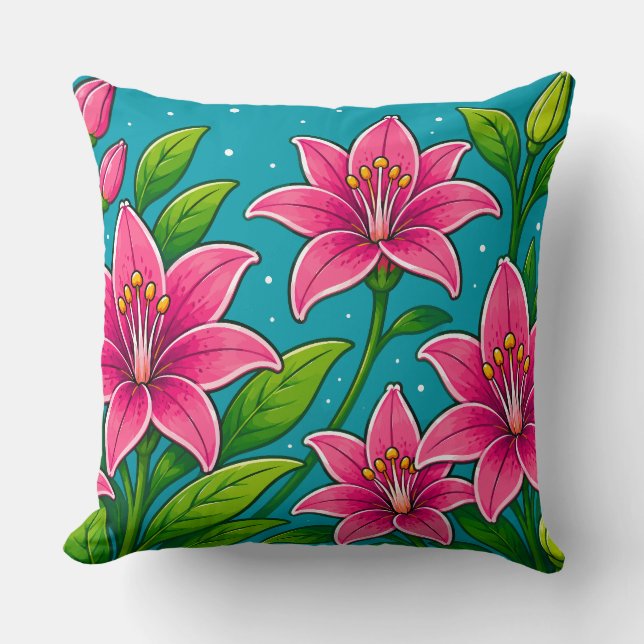 Coussin Illustration de fleurs de lys roses avec feuillage (Recto)