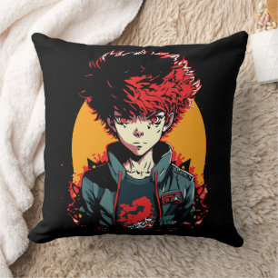 Coussin Illustration de garçon anime : cheveux rouges et n