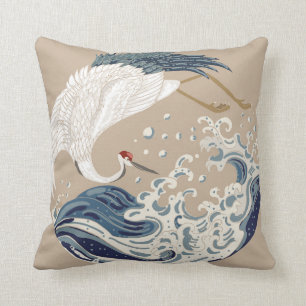 Coussin Illustration de grue et vague japonaise. Tradition