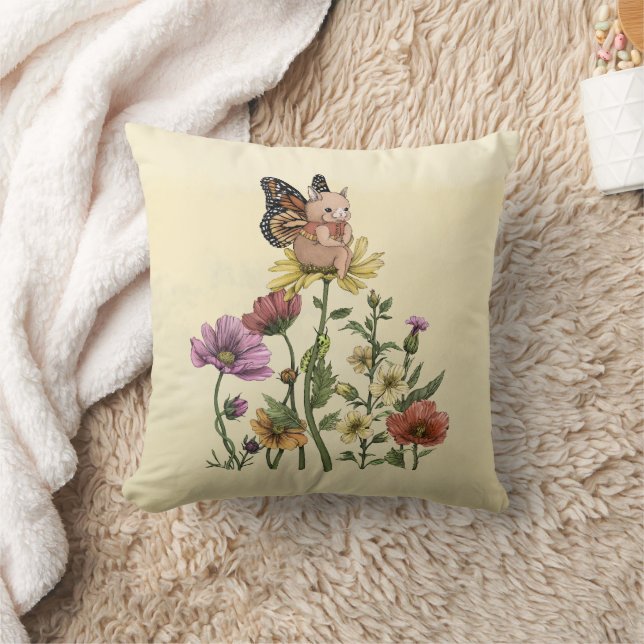 Coussin Illustration de jardin floral avec un lapin mignon (Couverture)