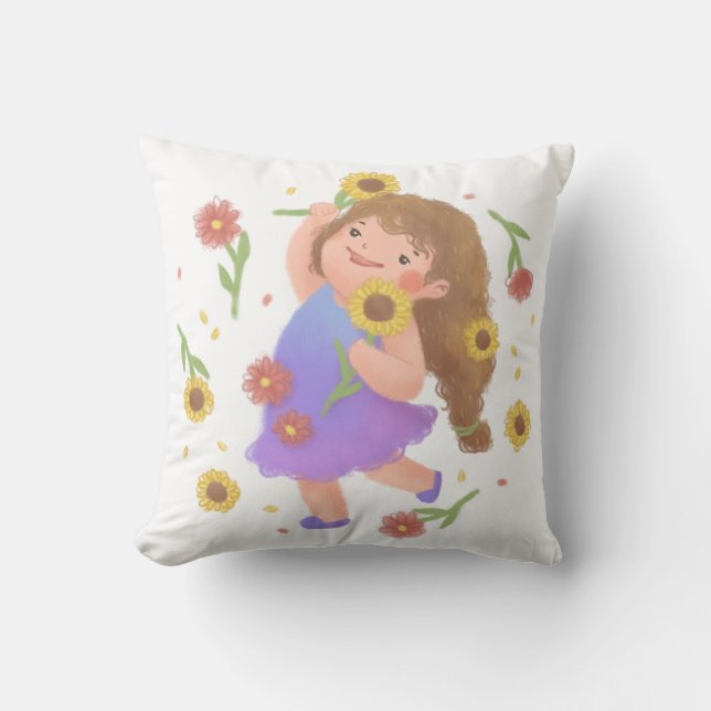 Coussin Illustration de la fille avec des tournesols (Recto)