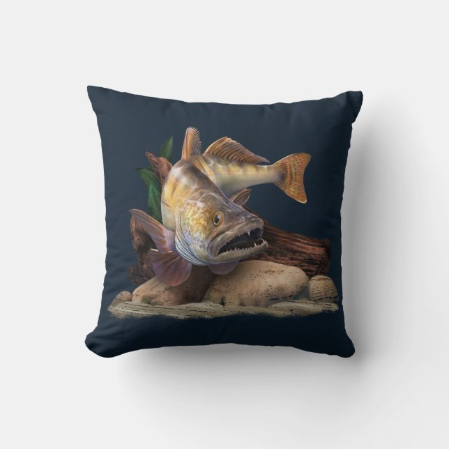 Coussin Illustration de la pêche au walleye, pêcheur au wa (Recto)