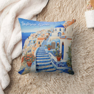 Coussin Illustration de l'île de Santorin   Art du voyage