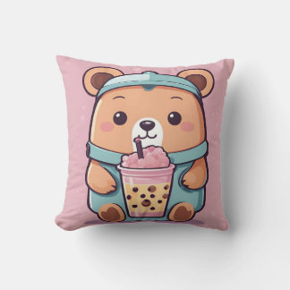 Coussin Illustration de l'ours à thé à bulle - style Kawai
