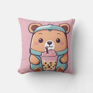 Coussin Illustration de l'ours à thé à bulle - style Kawai