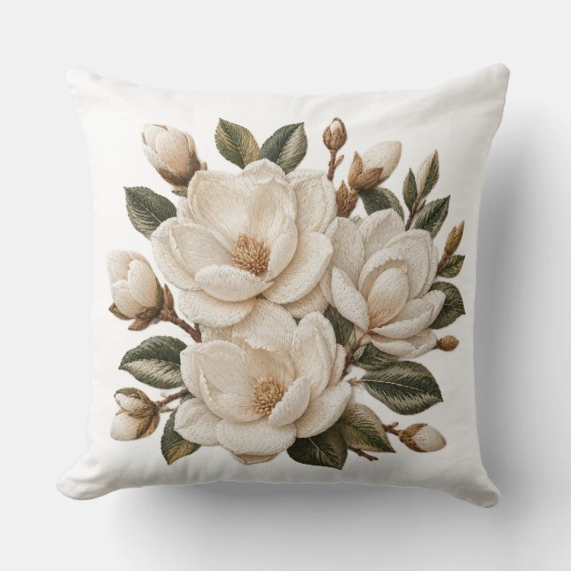 Coussin Illustration de magnolia blanche brodée en faux 3D (Recto)