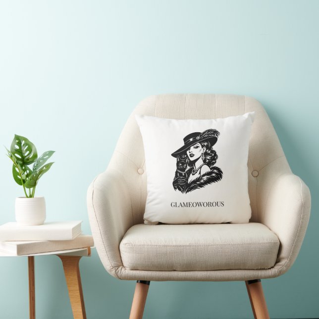 Coussin Illustration de mode Femme Glamour avec Chat (Chaise)