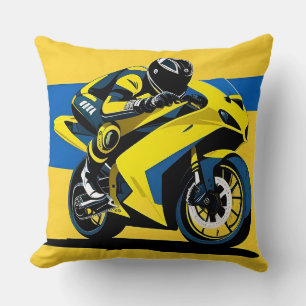 Coussin Illustration de moto de course jaune et de pilote
