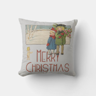 Coussin Illustration de Noël Antique Enfants 1920
