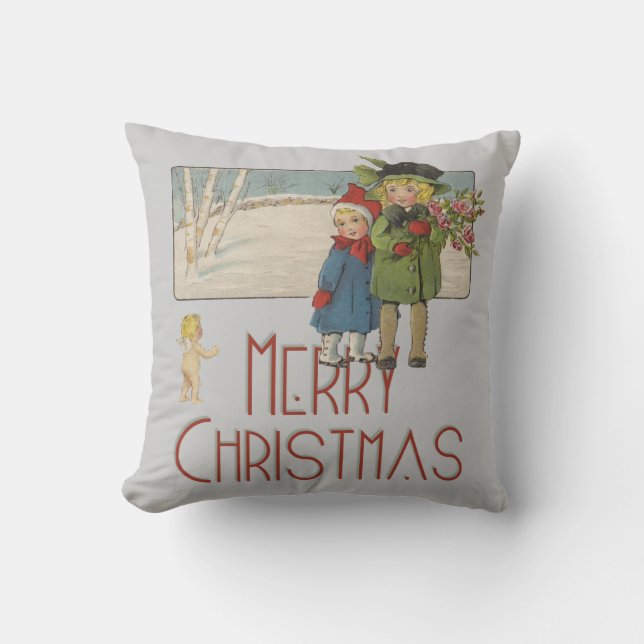 Coussin Illustration de Noël Antique Enfants 1920 (Recto)