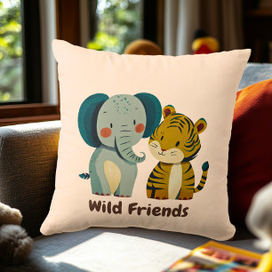 Coussin Illustration de nurserie éléphant et tigre fantais
