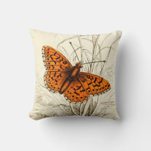 Coussin Illustration de papillon vintage, orange et noir