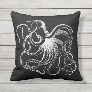 Coussin Illustration de pieuvre Vintage noire et blanche