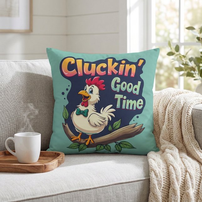 Coussin Illustration de poulet amusant pour le bon temps d (Cluckin' Good Time Funny Chicken Illustration Throw Pillow Mockup A)