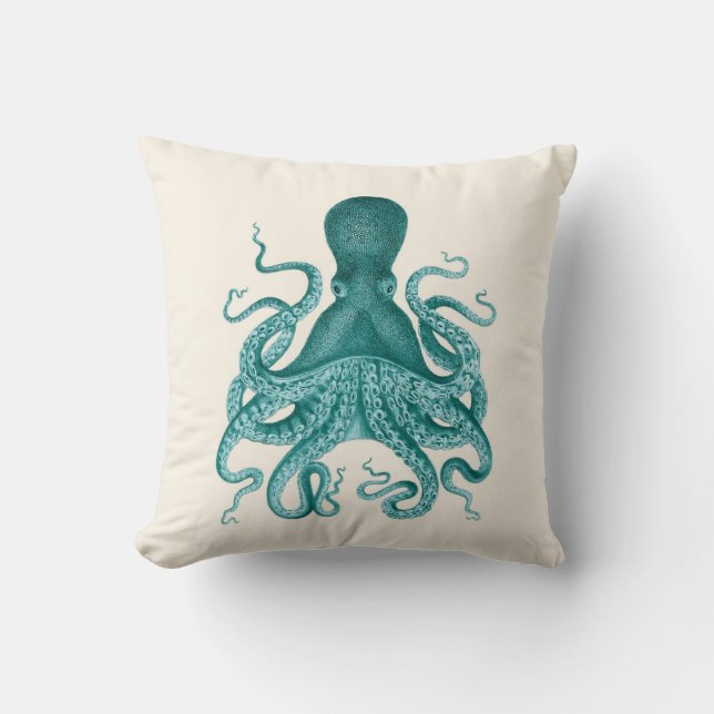 Coussin Illustration de poulpe de turquoise sur la crème (Recto)