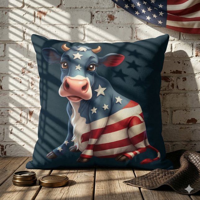 Coussin Illustration de vache avec drapeau américain patri (Patriotic American Flag Cow Illustration Throw Pillow Mockup B)