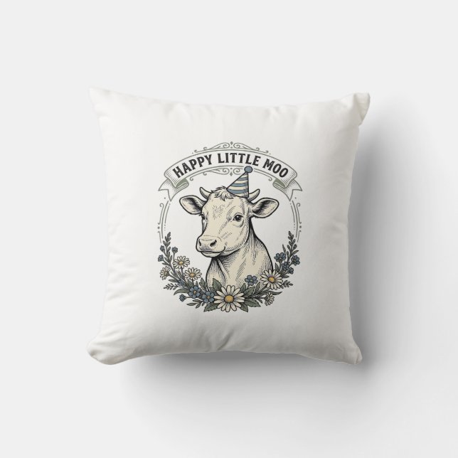 Coussin Illustration de veau d'anniversaire Gravure vintag (Recto)