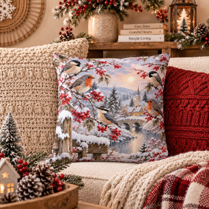 Coussin Illustration de village enneigé avec baies d'hiver
